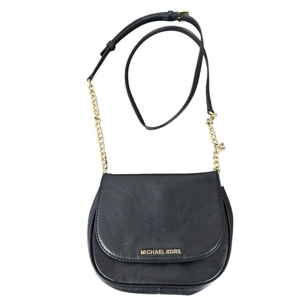Michael Kors Bedford Flap Black Leather Front Chain Strap‎ Crossbody Bag - Picture 1 of 12
